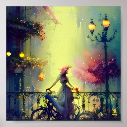 Wasserfarbene viktorianische Frau und Fahrrad Poster (Vorne)