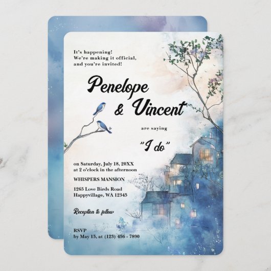 Wasserfarbene Vögel auf blau Einladung (Vorne/Hinten)