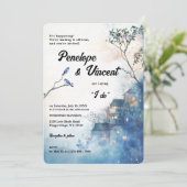 Wasserfarbene Vögel auf blau Einladung (Stehend Vorderseite)