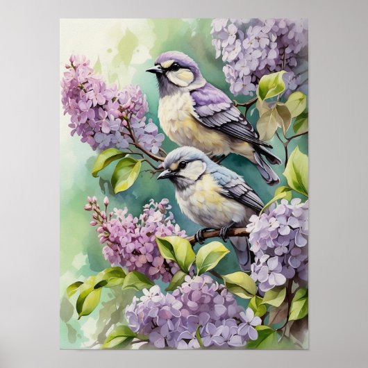 Wasserfarbene Vögel mit blühenden Lilac-Blume Poster (Vorne)