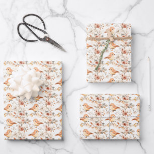 Wasserfarbene Vögel und Blume auf Weiß Geschenkpapier Set