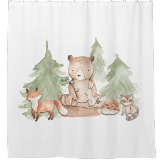 Wasserfarbene Waldtiere Niedliche Kinder Duschvorhang (Vorderseite)