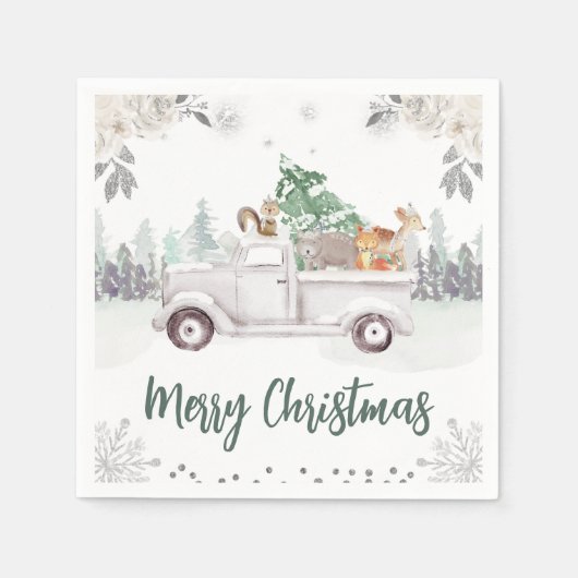 Wasserfarbene Waldtiere Weihnachten in der Blüte Serviette (Vorderseite)