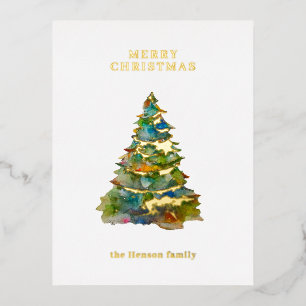 Wasserfarbene Weihnachtsbaum-Minimalist-Familie  Folien Feiertagspostkarte