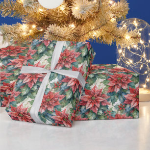Wasserfarbene Weihnachtsrote Poinsettien-Blumen   Geschenkpapier