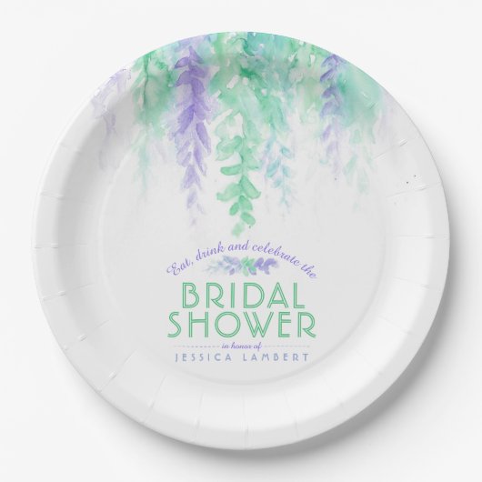 Wasserfarbene Weinrebe Blumengrün lila Brautparty Pappteller (Vorderseite)