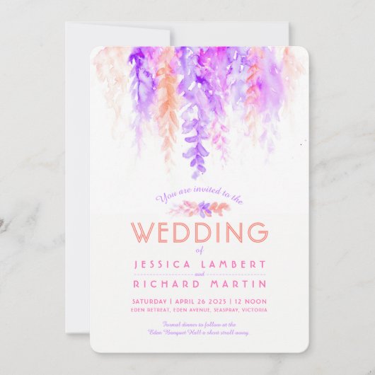 Wasserfarbene Weinrebe lila orange Einladungen zur (Vorderseite)