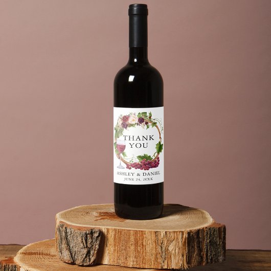 Wasserfarbene Weintrauben Blumenstrauß Hochzeit Weinetikett