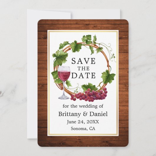 Wasserfarbene Weintrauben Rustikales Holz Save The Date (Vorderseite)
