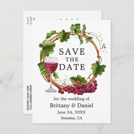 Wasserfarbene Weintrauben Waldbrand Save the Date Postkarte (Vorne/Hinten)