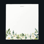 Wasserfarbene Weißblumen Personalisiert Notizblock<br><div class="desc">Weißfarbene Frühlingsblumen Personalisierter Notepad | Ein elegantes und skurriles Notizblock mit weißen Blume und Blattwerk. Das wird ein perfekter weiblicher Akzent für Ihr Büro sein.</div>