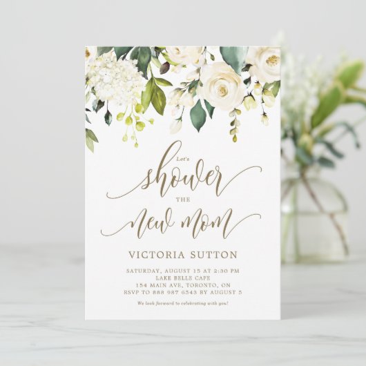 Wasserfarbene weiße Rosen und Hydrangeas Babydusch Einladung (Stehend Vorderseite)