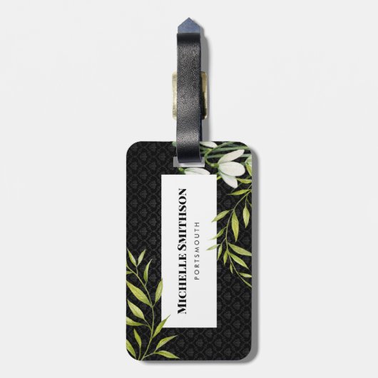 Wasserfarbene weiße Schneeröcke und Laurel Damask Gepäckanhänger (Rückseite vertikal)