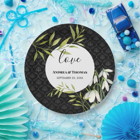 Wasserfarbene weiße Schneeröcke und Laurel Damask Pappteller (Party)