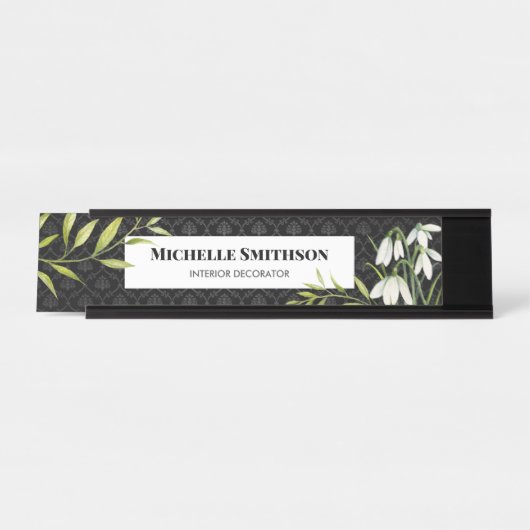 Wasserfarbene weiße Schneeröcke und Laurel Damask Schreibtischnamensplakette (Vorderseite )