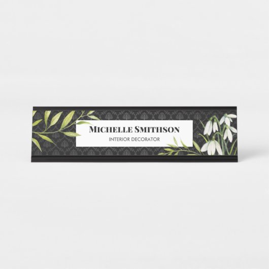 Wasserfarbene weiße Schneeröcke und Laurel Damask Schreibtischnamensplakette (Vorderseite )