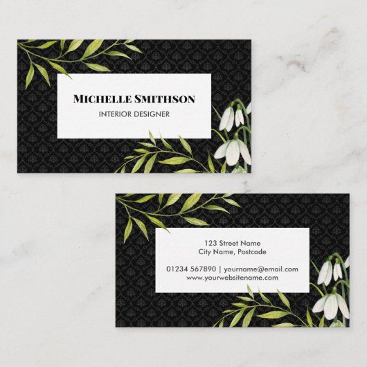 Wasserfarbene weiße Schneeröcke und Laurel Damask Visitenkarte (Vorne/Hinten)