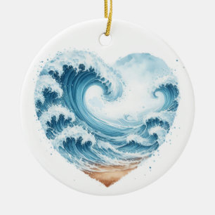 WASSERFARBENE WELLEN IM HERZEN AM STRAND KERAMIK ORNAMENT