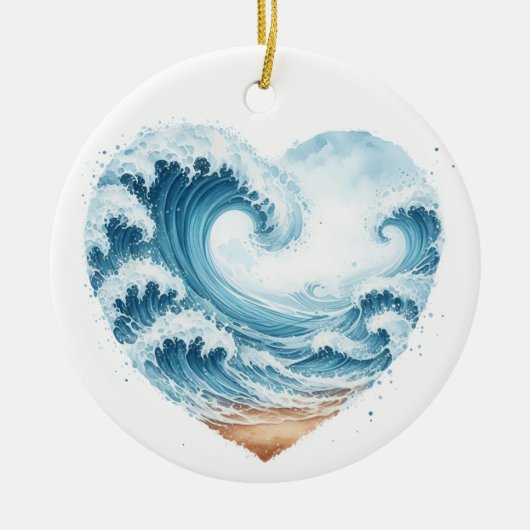WASSERFARBENE WELLEN IM HERZEN AM STRAND KERAMIK ORNAMENT (Vorne)