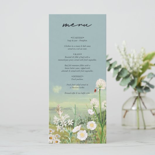 Wasserfarbene Wildblume Bergwelt Hochzeit Menükarte (Stehend Vorderseite)