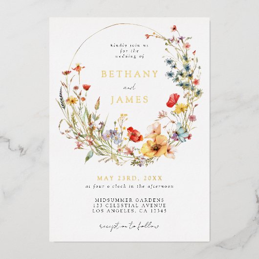 Wasserfarbene Wildblume Hochzeitsfoil Einladung (Vorderseite)