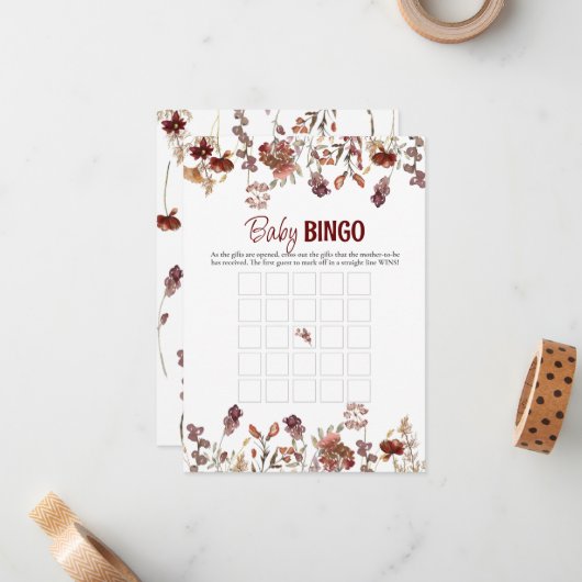 Wasserfarbene Wilde Blume Baby Bingo Game Card Mitteilungskarte (Vorderseite/Rückseite Beispiel)