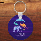 Wasserfarbene Wildtiere auf Lila Schlüsselanhänger (Vorderseite)