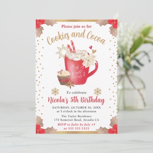Wasserfarbene Winter Cookies und Kakao zum Geburts Einladung (Stehend Vorderseite)