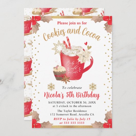Wasserfarbene Winter Cookies und Kakao zum Geburts Einladung (Vorne/Hinten)