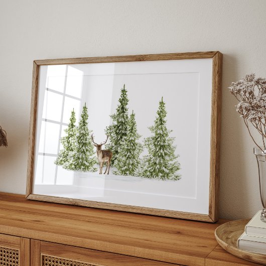 Wasserfarbene Winterbäume und Hirsche Poster