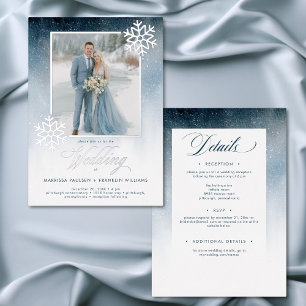 Wasserfarbene Winterhochzeit mit Schneeblau, doppe Folieneinladung