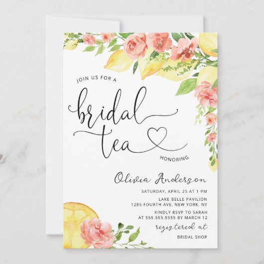 Wasserfarbene Zitrone und Rose Bridal Tee Party Einladung (Vorderseite)