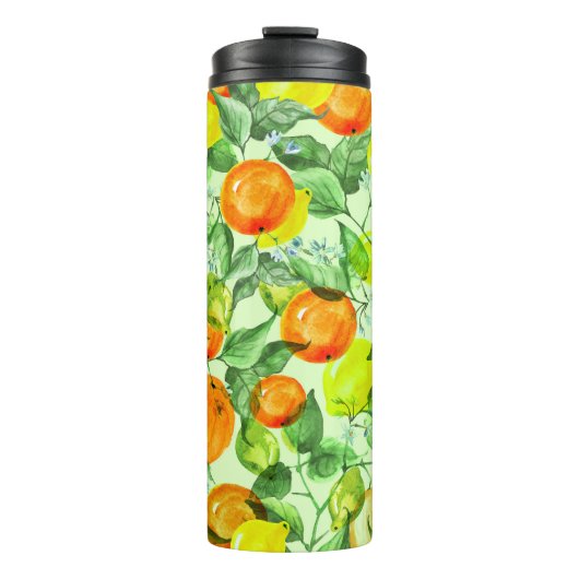 Wasserfarbene Zitronen, Blume, Zitrusmuster. Thermosbecher (Vorderseite)