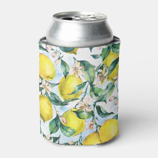 Wasserfarbene Zitronen, frischer Zitruszweig. Dosenkühler (Kanne Vorderseite)