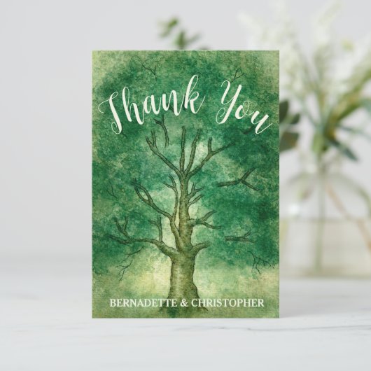 Wasserfarbeneiche Tree Retro Rustikale Hochzeit Dankeskarte (Stehend Vorderseite)