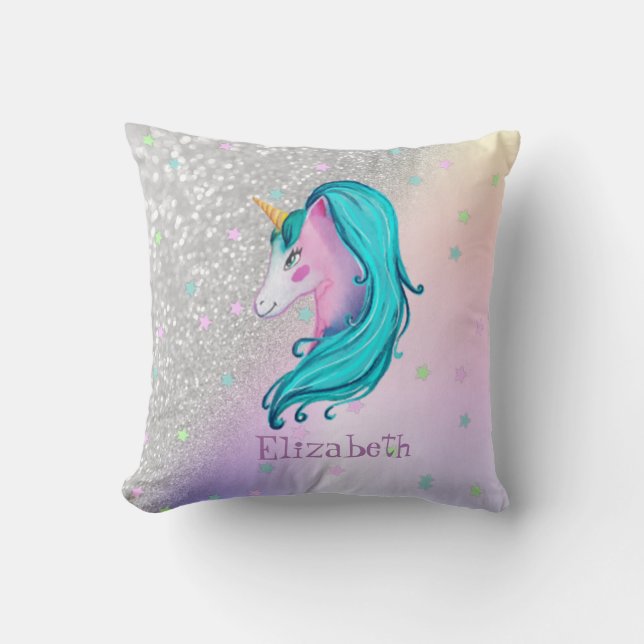 Wasserfarbeneinhorn, Sterne, Silberner Glitzer Bok Kissen (Vorderseite)