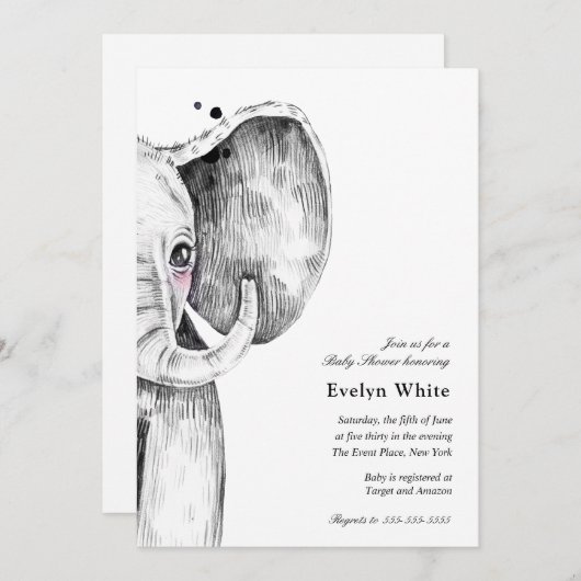 WasserfarbenElefant | Einladung zur Babydusche (Vorne/Hinten)