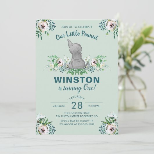WasserfarbenElefant Minze Grüne Blüte 1. Geburtsta Einladung (Stehend Vorderseite)