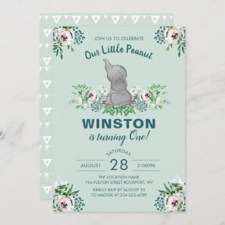 WasserfarbenElefant Minze Grüne Blüte 1. Geburtsta Einladung
