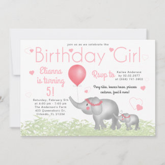 WasserfarbenElefanten und rosa Herzen Geburtstagsk Einladung