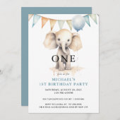 Wasserfarbenelephant Blau 1. Geburtstag Einladung (Vorne/Hinten)