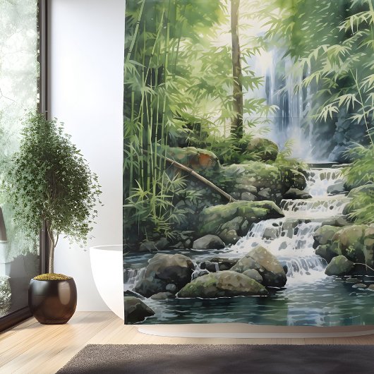 Wasserfarbener Bambourwald Wasserfall Duschvorhang