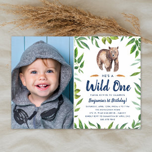 Wasserfarbener Bär Wild One   Foto Birthday Party Einladung