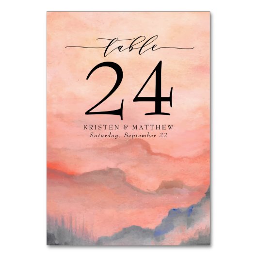 Wasserfarbener Berg Rustikaler Korallenriff Tischnummer (Rückseite)