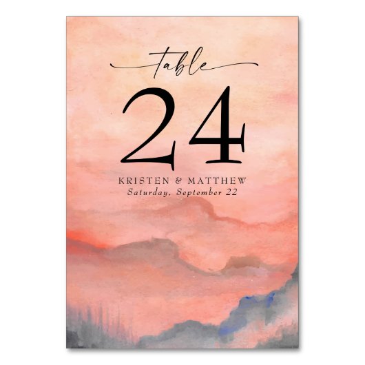 Wasserfarbener Berg Rustikaler Korallenriff Tischnummer (Rückseite)