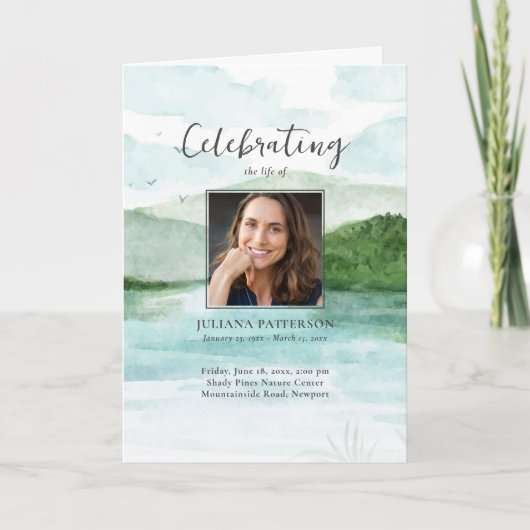 Wasserfarbener Bergsee Beerdigung Programm (Vorderseite)