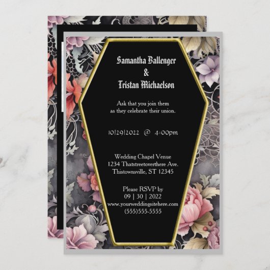 Wasserfarbener Blumencoffin Form Moderne Gothehohe Einladung (Vorne/Hinten)