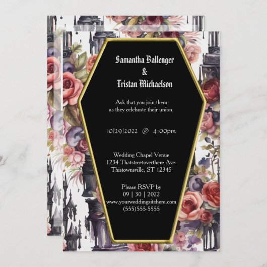 Wasserfarbener Blumencoffin Form Moderne Gothehohe Einladung (Vorne/Hinten)