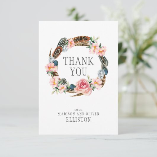 Wasserfarbener Blumenstrauß mit Federn | Danke (Stehend Vorderseite)