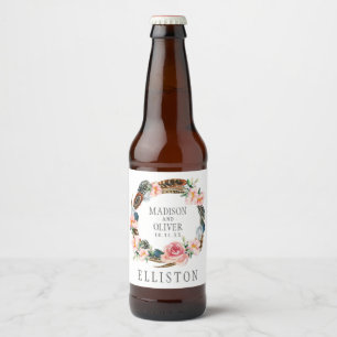Wasserfarbener Blumenstrauß mit Federn   Hochzeit Bierflaschenetikett